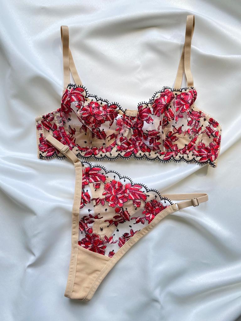 Ensemble Lingerie Florale Rouge A-133