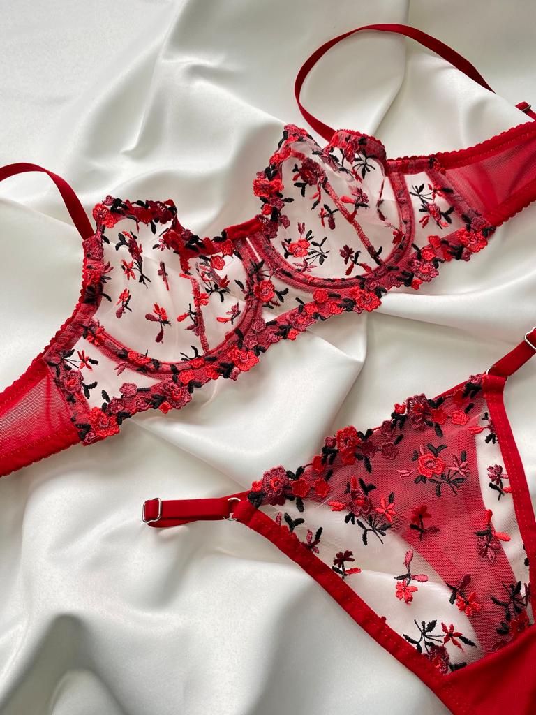 Ensemble Lingerie Mer de Fleurs Rouge A-133