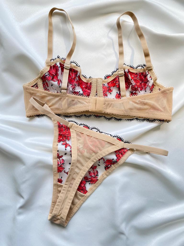 Ensemble Lingerie Florale Rouge A-133
